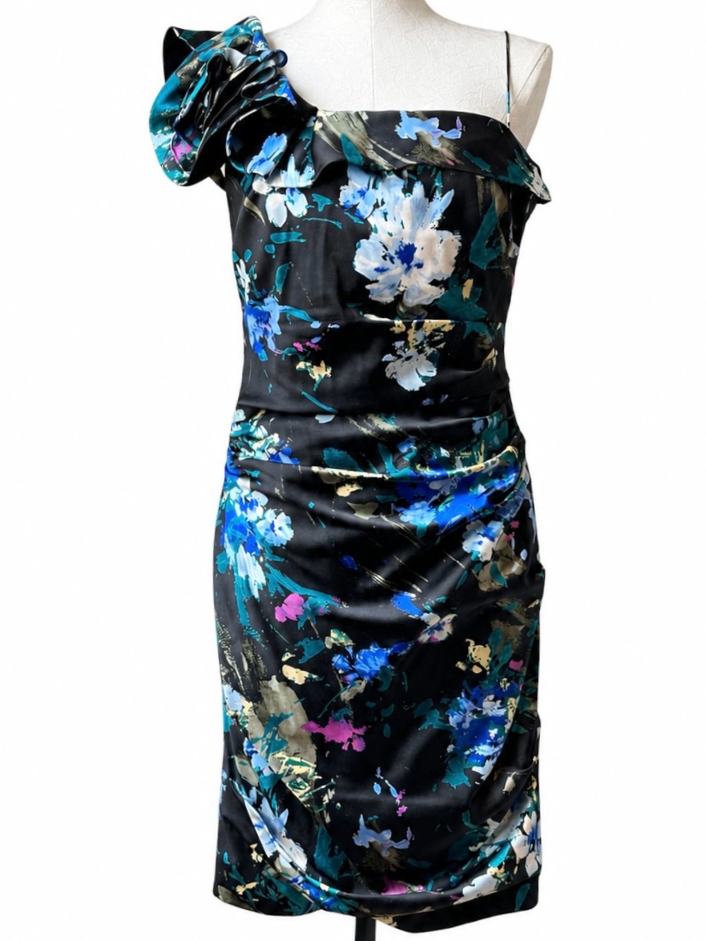 Teri Jon Rickie Freeman One Shoulder Floral Satin Cocktail Dress Size 10